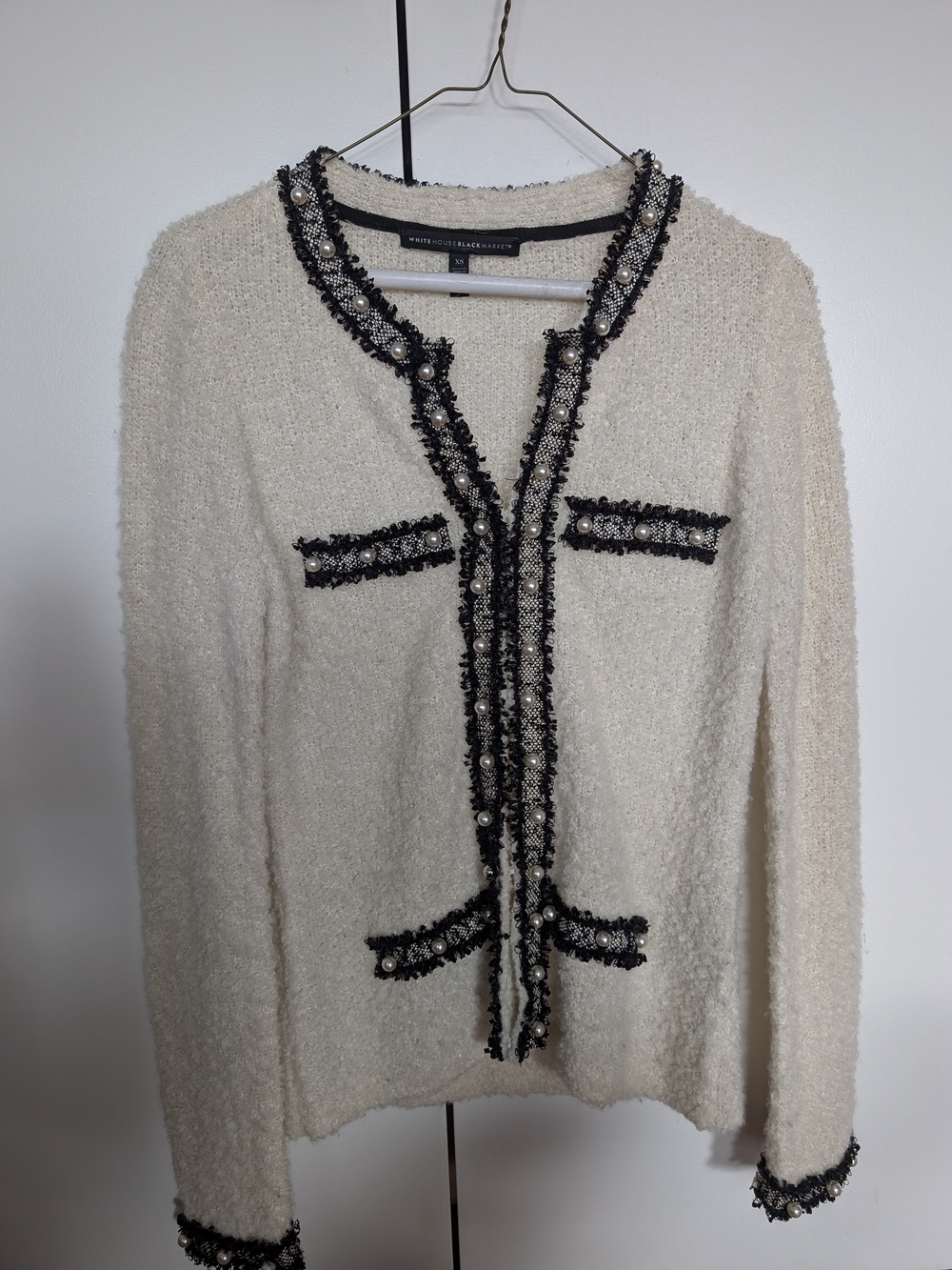 White House Black Market Tweed Cardigan Sweater Pearl Lace Trim Size XS